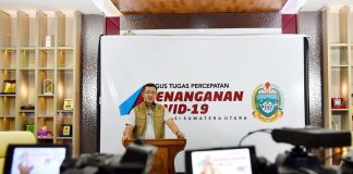 Juru Bicara Gugus Tugas Percepatan Penanganan (GTPP) Covid-19 Sumatera Utara (Sumut) Whiko Irwan saat memberikan keterangan pers di Media Center GTPP di Kantor Gubernur Sumut